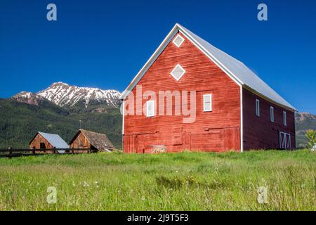 États-Unis, Oregon, Joseph. Grange rouge et anciennes granges en bois près des montagnes Wallowa en Oregon. Banque D'Images