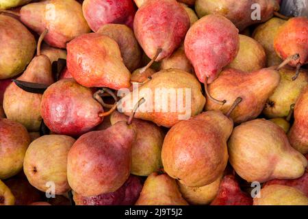 Hood River, Oregon, États-Unis. Poires Bartlett rouges à vendre dans un kiosque à fruits. Banque D'Images