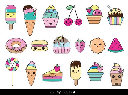 Ensemble de vecteurs de style de dessin animé kawaii pour les personnages de la sueur. Collection d'émoticônes icônes magasin de bonbons. Isolé sur fond blanc. Illustration de Vecteur