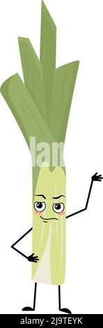 Joli poireau vert avec des émotions de héros, de visage courageux, de bras et de jambe. Légumes sains avec expression et posture du courage, riches en vitamines. Illustration vectorielle plate Illustration de Vecteur