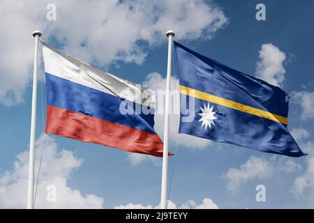 Russie et Nauru deux drapeaux sur les mâts et ciel bleu ciel nuageux Banque D'Images