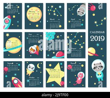 Modèle de vecteur du calendrier de l'année 2019. Calendrier annuel montrant des mois avec des animaux de l'espace mignons, des roquettes, des planètes, des constellations. Illustration de Vecteur