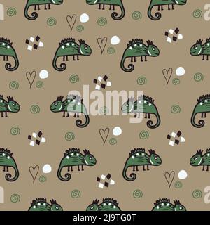 Lézards verts sur fond beige, motif sans couture Illustration de Vecteur