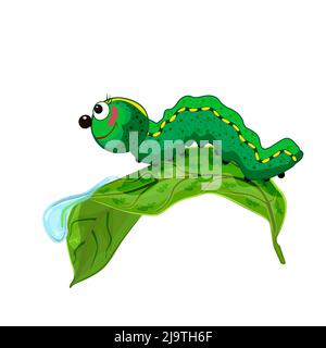 Chenille sur lame. Mignon dessin animé caterpillar rampant sur la feuille verte avec la rosée. Drôle de personnage de millipede dans la nature d'été. Illustration vectorielle Illustration de Vecteur