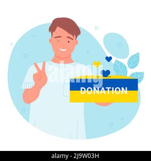 Volontaire tenant une boîte de don de couleurs jaune et bleu de drapeau ukrainien pour donner des coeurs. Homme de dessin animé montrant le support et l'assistance illustration vectorielle plate. Campagne de charité pour l'Ukraine concept Illustration de Vecteur