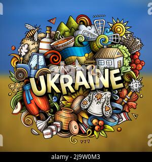 Ukraine dessin main dessin dessin dessin animé Doodle illustration. Drôle de design ukrainien. Arrière-plan vectoriel créatif. Texte manuscrit avec éléments de pays européens a Illustration de Vecteur