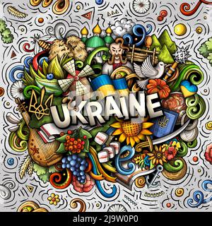 Ukraine dessin main dessin dessin dessin animé Doodle illustration. Drôle de design ukrainien. Arrière-plan vectoriel créatif. Texte manuscrit avec éléments de pays européens a Illustration de Vecteur