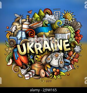 Ukraine dessin main dessin dessin dessin animé Doodle illustration. Drôle de design ukrainien. Arrière-plan vectoriel créatif. Texte manuscrit avec éléments de pays européens Illustration de Vecteur