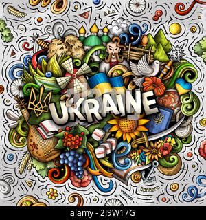 Ukraine dessin main dessin dessin dessin animé Doodle illustration. Drôle de design ukrainien. Arrière-plan vectoriel créatif. Texte manuscrit avec éléments de pays européens a Illustration de Vecteur