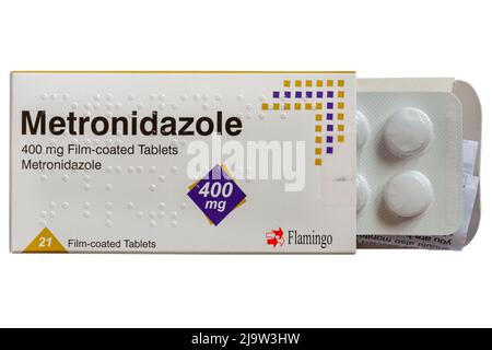 Pack de Metronidazole 400 mg comprimés pelliculés antibiotiques utilisés pour traiter un certain nombre d'infections bactériennes - capsules d'antibiotiques, pilules d'antibiotiques Banque D'Images