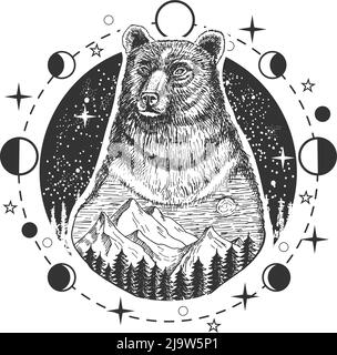 Motif tatouage à la tête d'ours vectoriel ou imprimé t-shirt Illustration de Vecteur