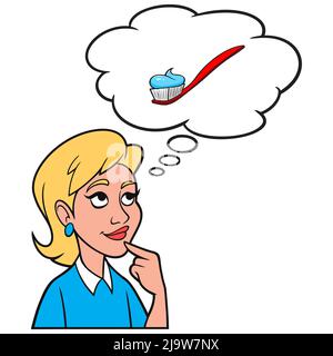 Une fille pense à une brosse à dents et un pâte - Une illustration de dessin animé d'une fille pense à l'importance de se brosser les dents avec une brosse à dents. Illustration de Vecteur