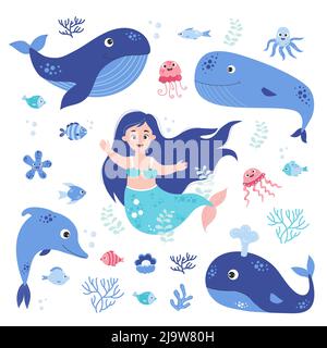Mignonne de mermaid et d'animaux de mer, baleine bleue et dauphin, poisson et méduses, poulpe et perle avec des coraux. Illustration vectorielle. Éléments isolés Collec Illustration de Vecteur