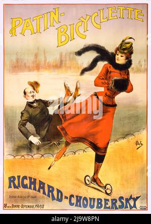 Une affiche pour Patina Bicyclette montrant un homme sur des patins à glace tombant sur un étang glacé dans un parc alors qu'une femme skate sur des patins à roues. L'artiste est Jean de Paléologue (1855-1942) Banque D'Images