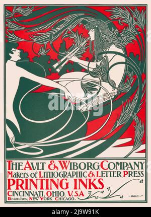 Une affiche publicitaire de Wwill Bradley (1868-1962) montrant une femme jouant des tuyaux pour imprimer des encres par Ault & Wiborg Banque D'Images