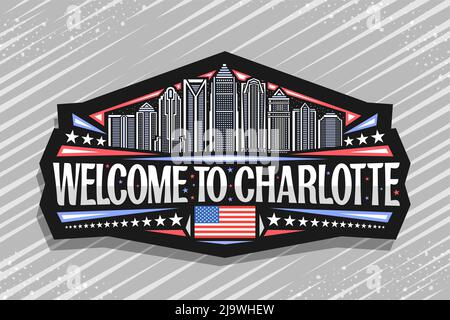 Logo Vector pour Charlotte, signe décoratif noir avec illustration de charlotte City scape sur fond de ciel crépuscule, design art réfrigérateur aimant avec Illustration de Vecteur