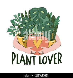 Concept d'amoureux des plantes. Quelqu'un tient un tas de plantes de maison dans leurs pots. Illustration vectorielle dessinée à la main. Illustration de Vecteur