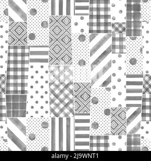 Aquarelle tendance imitation des morceaux de tissu cousus dans le style patchwork. Motif aquarelle moderne sans couture dessiné à la main. Collage gris, noir et blanc Banque D'Images