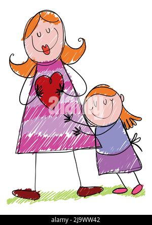 Adorable bouée avec une petite fille qui embrasse sa mère, alors qu'elle tient un coeur dans les bras. Illustration de Vecteur