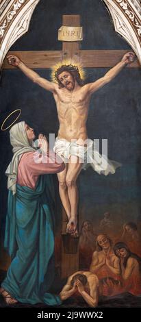 BARI, ITALIE - 3 MARS 2022 : la peinture de Crucifixion dans l'église Chiesa dell Immacolata par Umberto Colonna (1932). Banque D'Images