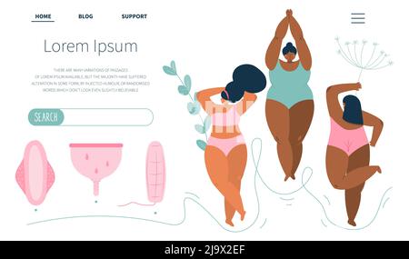 Les jeunes filles positives pour le corps se trouvent et choisissez des tampons hygiéniques, des coupes menstruelles et du tampon. Illustrations vectorielles cycle menstruel, PMS et sang Illustration de Vecteur