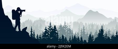 Le photographe se tient au sommet du rocher Prenez des photos de paysage. Montagnes et forêt en arrière-plan. Illustration de la silhouette. Illustration de Vecteur