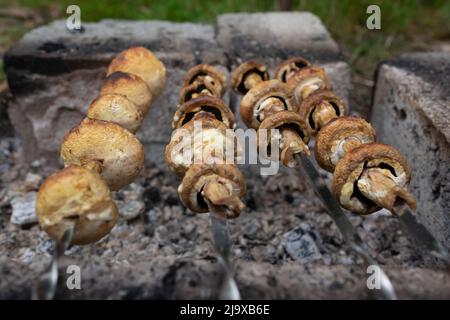 Préparation des champignons sur des charbons en feu. Barbecue pour végétariens. Banque D'Images