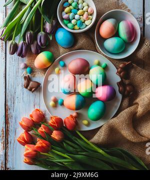 Assortiment d'œufs de pâques aux couleurs vives entourés de tulipes. Banque D'Images