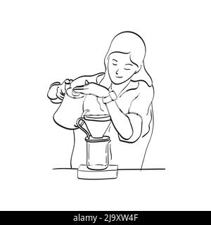 une femme barista verse de l'eau chaude du bol classique au café arabica dans une illustration vectorielle filée à la main, isolée sur fond blanc Illustration de Vecteur