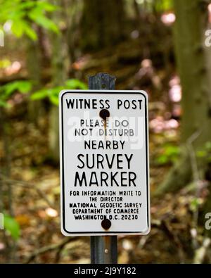 Un poste témoin pour un marqueur d'arpentage géodésique et de la côte américaine situé dans la nature sauvage des montagnes Adirondack Banque D'Images