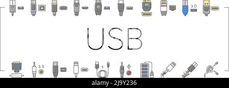 Câble USB et port achats Icons Set Vector Illustration de Vecteur