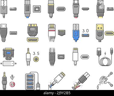 Câble USB et port achats Icons Set Vector Illustration de Vecteur