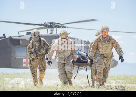 Des membres du quartier général et du quartier général de la Garde nationale de l’Armée de l’Idaho, 1st du Régiment d’artillerie de campagne 148th, ont effectué des évacuations médicales aériennes et des traitements de victimes, ainsi que des membres du détachement 1, Compagnie Golf, 1st du Bataillon de l’aviation de soutien général 168th du Centre d’entraînement au combat d’Orchard, en mai 17. Banque D'Images