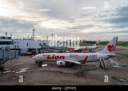 Les avions commerciaux Airbus A320-200 pour Thai Lion sont stationnés devant les portes d'embarquement nationales à l'aéroport international Don Mueang (DMK) de Bangkok. Les voyages internationaux en Thaïlande et le tourisme domestique dans le pays reprennent à mesure que le gouvernement thaïlandais soulage les exigences d'entrée dans le cadre de son programme de passe Thaïlande, permettant aux voyageurs internationaux d'entrer dans le pays sans un test PCR rapide pour le COVID-19 ou la quarantaine à leur arrivée. Le gouvernement thaïlandais a également signalé que l'obligation de porter des masques à l'extérieur devrait se terminer à la mi-juin 2022. (Photo par Matt Hunt/SOPA Images/Sipa U Banque D'Images