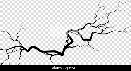 Fissure sur le béton ou le sol due au vieillissement ou à la sécheresse. Fissure isolée sur fond transparent. Illustration vectorielle monochrome Illustration de Vecteur