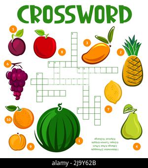 Feuille de calcul de vecteur de casse-tête de mots croisés fruits bruts isolés. Trouvez une grille de jeu de quiz avec des aliments de fruits de dessin animé, remplissez des carrés d'activités éducatives pour les enfants, la mangue tropicale, la pomme, l'orange, l'ananas Illustration de Vecteur
