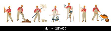 Ouvrier de construction, homme de main en casque travaille avec une pelle, une brouette, un rouleau de peinture et un outil de niveau. Illustration vectorielle plate de caractère constructeur, réparateur avec marteau et perceuse Illustration de Vecteur