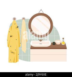 Intérieur de salle de bains avec mobilier et équipement sanitaire, miroir sur le mur, lavabo Illustration de Vecteur