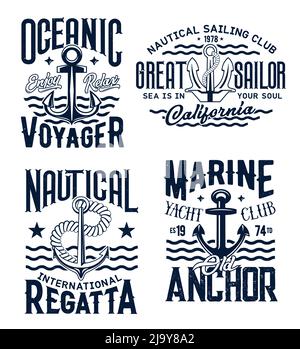 Le tee-shirt Marine Anchor arbore des emblèmes vectoriels de voile et de marine. Ancre sur les vagues de l'océan, voyage de régate de Californie et aventure marine ou badge de club de yacht, imprimé de chemise de grunge Illustration de Vecteur