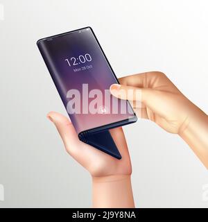 Smartphone pliable composition réaliste avec mains humaines téléphone pliable par l'écran sur l'illustration vectorielle d'arrière-plan dégradé Illustration de Vecteur