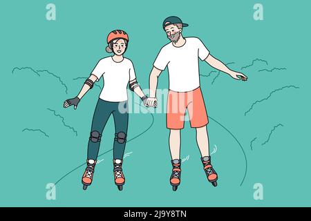 Un couple d'adultes heureux s'amuse sur les rollers le week-end dans le parc. Un homme et une femme très actifs et énergiques, qui se lancent dans des rouleurs, ont une maturité heureuse ensemble. Illustration vectorielle. Illustration de Vecteur