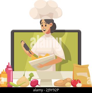 Cuisine nourriture Blogger icône de dessin animé avec femme personnage sur l'écran d'ordinateur illustration vectorielle Illustration de Vecteur