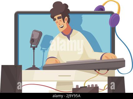 Dessin animé vidéo blogueur chantant et jouant clavier en ligne illustration vectorielle Illustration de Vecteur