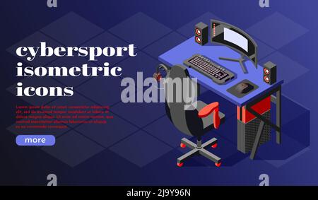 Arrière-plan isométrique Cybersport ou page d'arrivée avec gros titre et illustration vectorielle de bouton plus Illustration de Vecteur