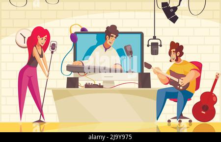 Homme et femme regardant la vidéo blogger jouant de la musique et chantant dessin animé fond illustration vectorielle Illustration de Vecteur