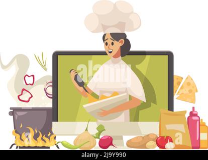 Vidéo Blogger composition avec ordinateur de bureau et le caractère de la cuisine femme Blogger avec la nourriture et ustensiles de cuisine vecteur illustration Illustration de Vecteur