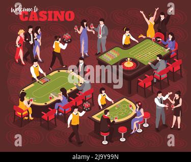 Composition isométrique de casino avec des personnages humains de célébrités et de riches personnes jouant à la roulette avec illustration vectorielle de texte ornée Illustration de Vecteur