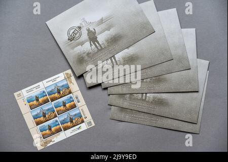 Édition limitée de timbres-poste et d'enveloppes 'navire de guerre russe... fait'. Se consacre à la guerre de l'Ukraine contre la Russie. Agression russe 2022. UKR Banque D'Images