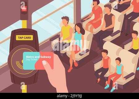 Composition isométrique du paiement tarifaire avec vue de la voiture de tourisme avec personnes et illustration du vecteur du validateur de billet par carte de transport Illustration de Vecteur