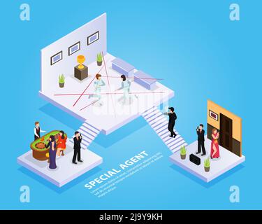 Composition isométrique spéciale d'espion d'agent avec plates-formes escaliers espion thriller éléments et personnes avec illustration vectorielle de texte modifiable Illustration de Vecteur